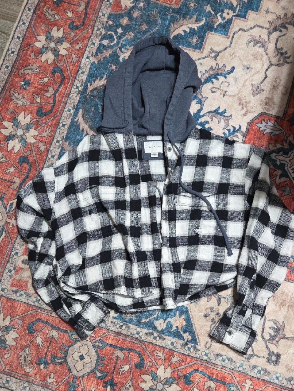 American Eagle Outfitters Black and White Plaid Hooded Shirt
